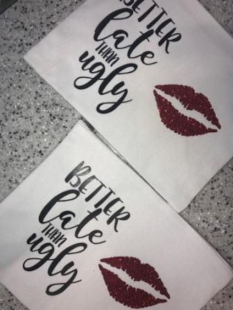 I BEAUTY's Stunning 'Better Late Than Ugly' Makeup Bag - White with Black Text and Red Glitter Lip, 10.5 in x 8 in